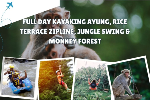 Full Day Kayaking Ayung River, Rice Terrace Zipline, Jungle Swing & Monkey Forest
